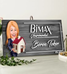 BK Gift Kişiye Özel Gayrimenkul Karikatürlü Gri Dekoratif Ahşap Tabela