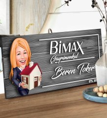 BK Gift Kişiye Özel Gayrimenkul Karikatürlü Gri Dekoratif Ahşap Tabela