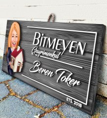 BK Gift Kişiye Özel Gayrimenkul Karikatürlü Gri Dekoratif Ahşap Tabela