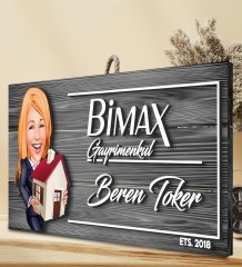 BK Gift Kişiye Özel Gayrimenkul Karikatürlü Gri Dekoratif Ahşap Tabela