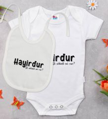 BK Kids Hayirdur Tasarımlı Beyaz Bebek Body Zıbın ve Mama Önlüğü Hediye Seti-1