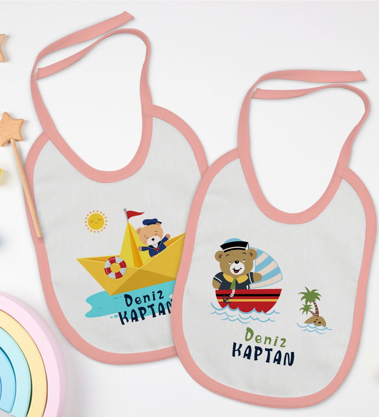 BK Kids Kişiye Özel Sevimli Kaptan Tasarımlı 2’li Pembe Mama Önlüğü-1