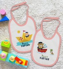 BK Kids Kişiye Özel Sevimli Kaptan Tasarımlı 2’li Pembe Mama Önlüğü-1