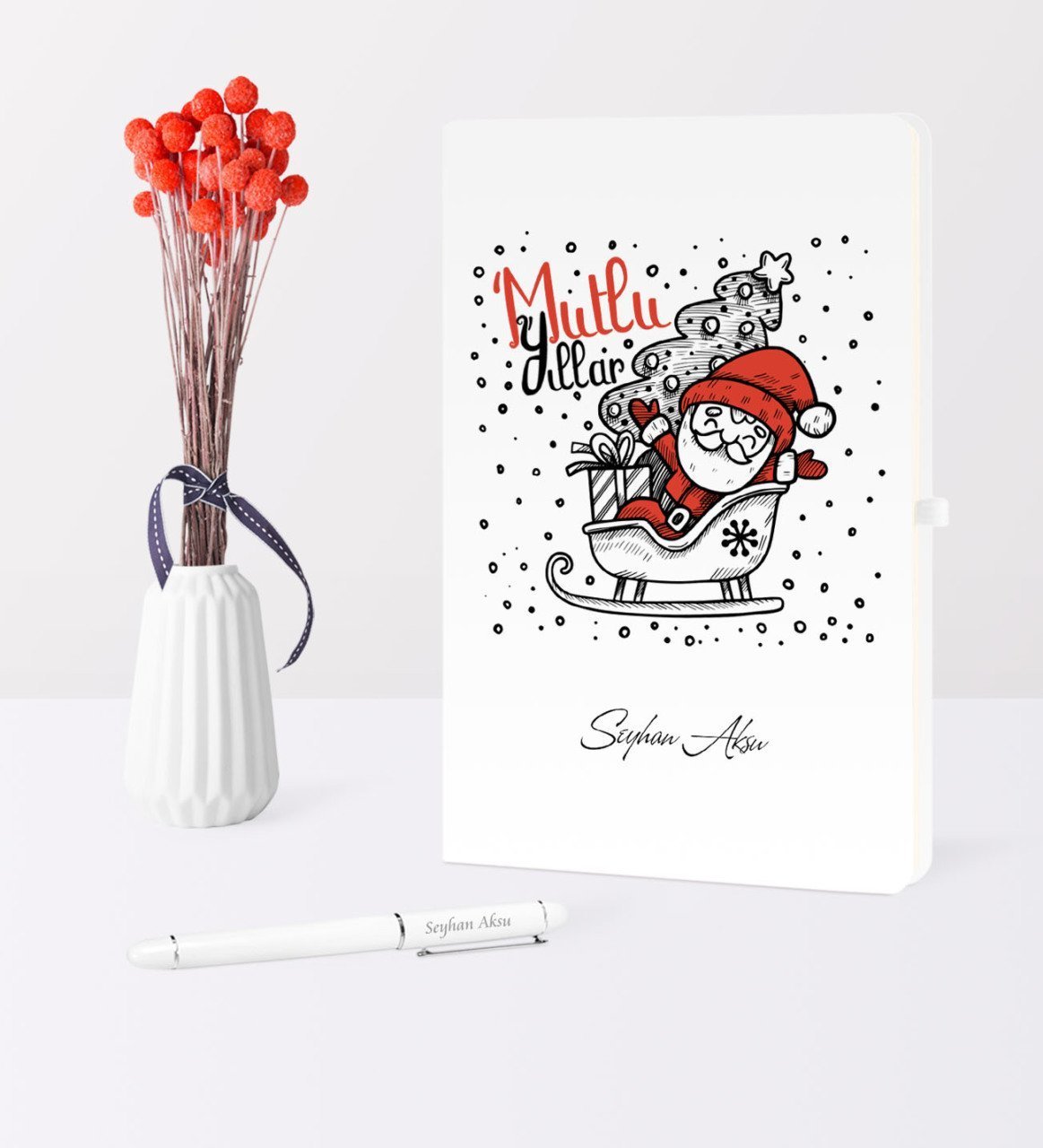Kişiye Özel Yılbaşı Noel Baba Temalı Beyaz Defter Kalem Seti - 5