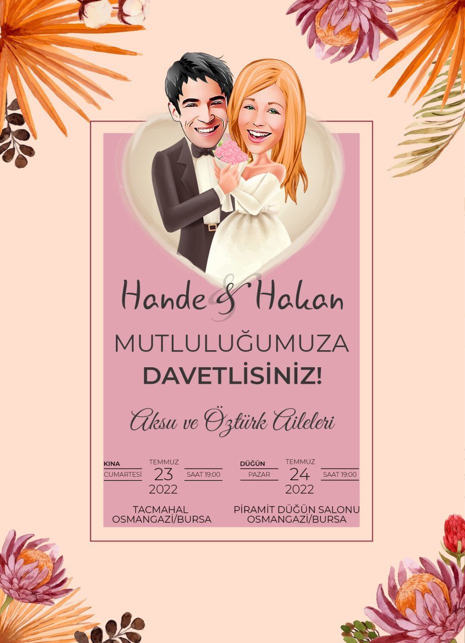 Kişiye Özel Karikatürlü Bitmeyen Düğün Davetiyesi Model 81