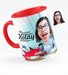 Kişiye Özel Bayan Sunucu Karikatürlü Kırmızı Kupa Bardak - 1