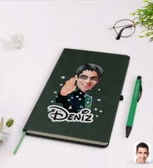 Kişiye Özel Matrix Neo Karikatürlü Yeşil Termo Deri Defter Kalem Seti Model 1