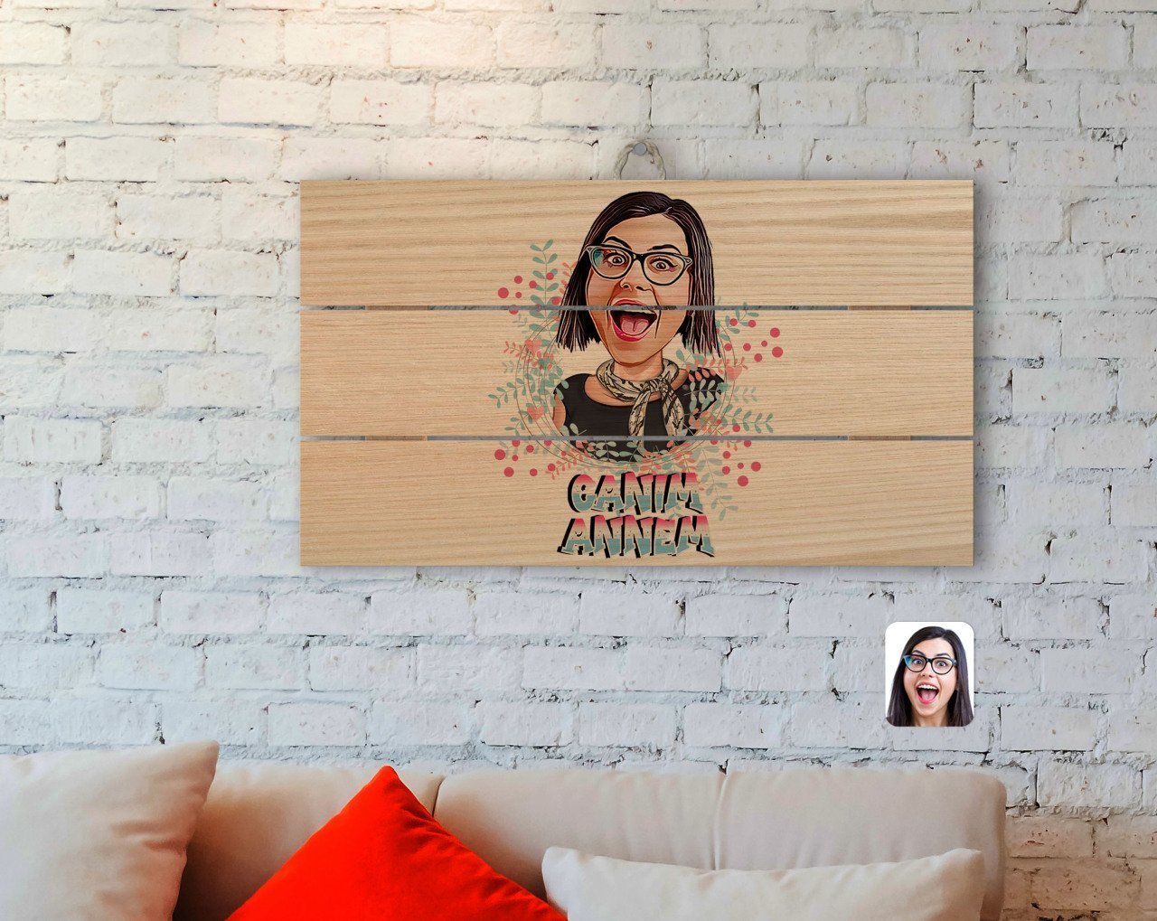Kişiye Özel Canım Annem Karikatürlü Otantik Ahşap Palet Tablo