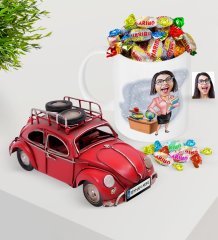 Kişiye Özel Bayan Öğretmen Plakalı Nostaljik Kırmızı Metal Vosvos ve Kupa Haribo Şeker Seti-5