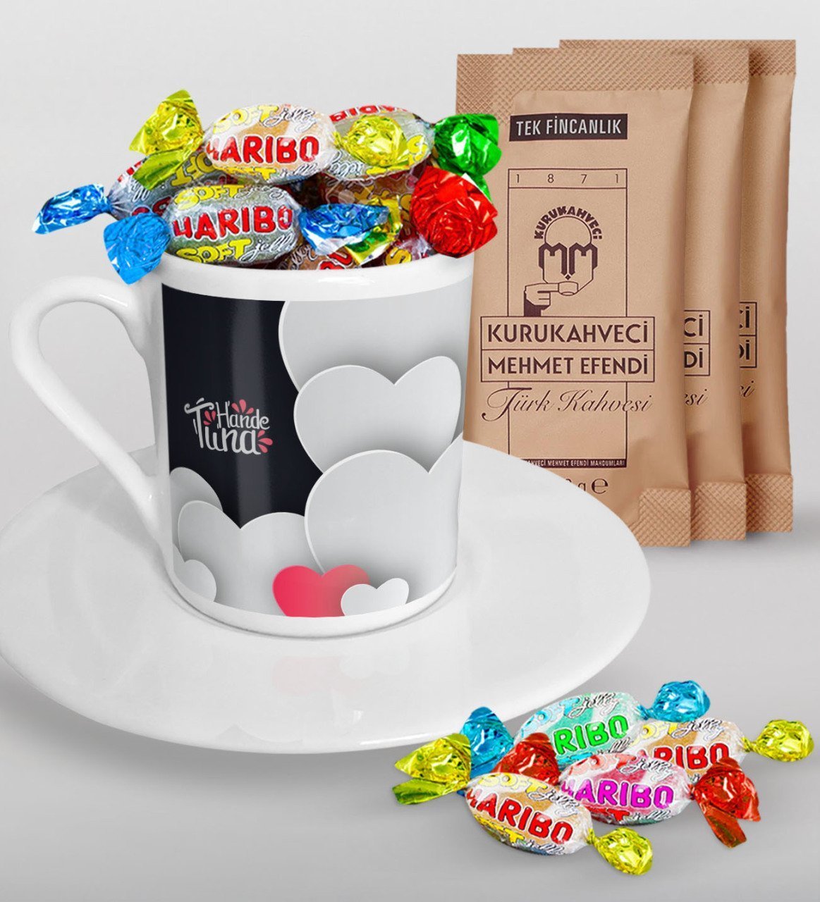 Kişiye Özel Sevgililer Günü Türk Kahvesi Fincanı Mehmet Efendi Kahve ve Haribo Şeker Hediye Seti-132