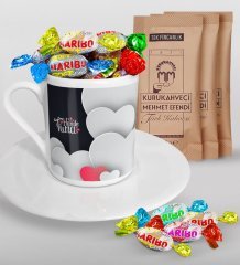 Kişiye Özel Sevgililer Günü Türk Kahvesi Fincanı Mehmet Efendi Kahve ve Haribo Şeker Hediye Seti-132