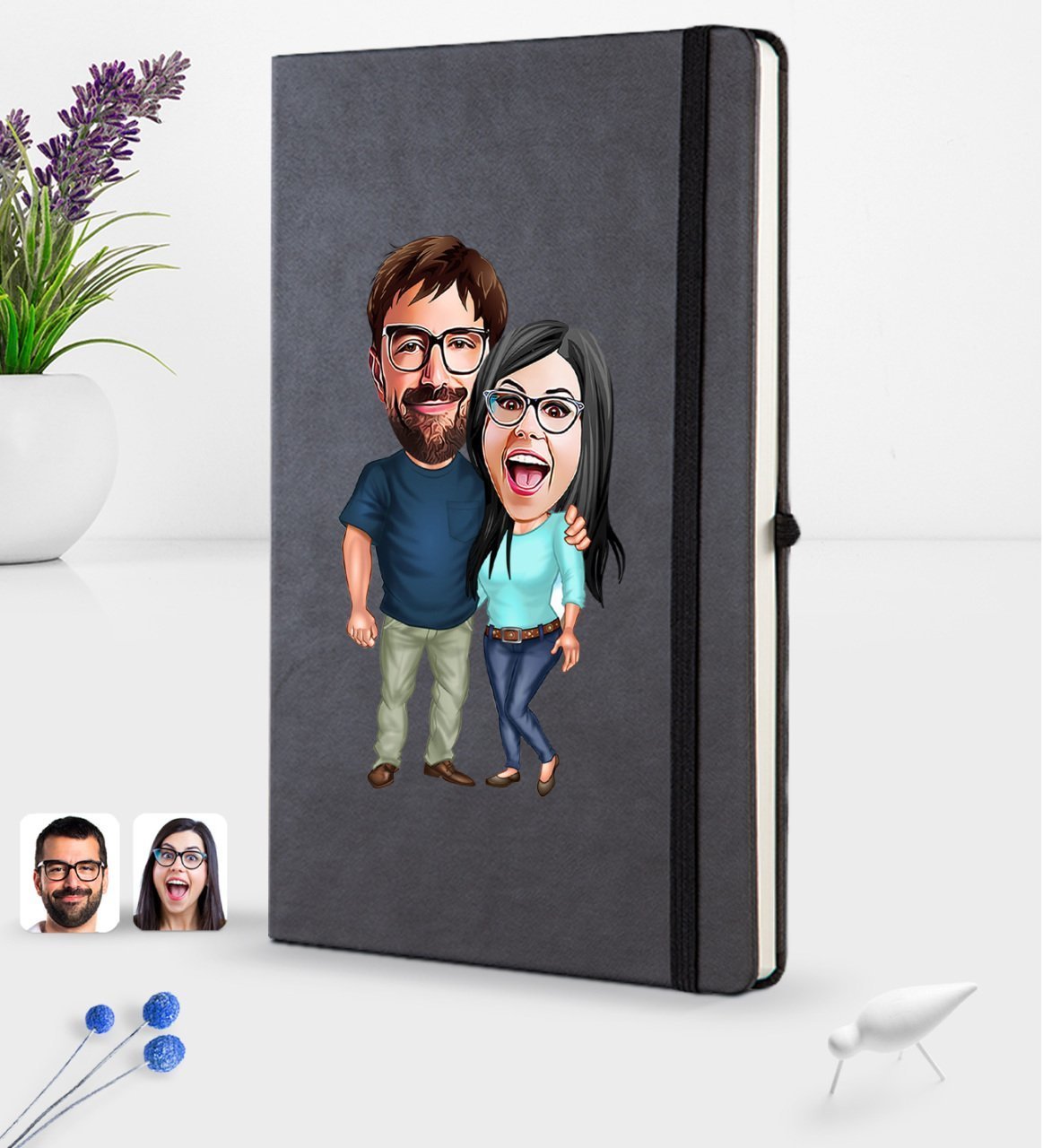 Kişiye Özel Sevgililer Karikatürlü Siyah Termo Deri Defter 16x24cm Model 109