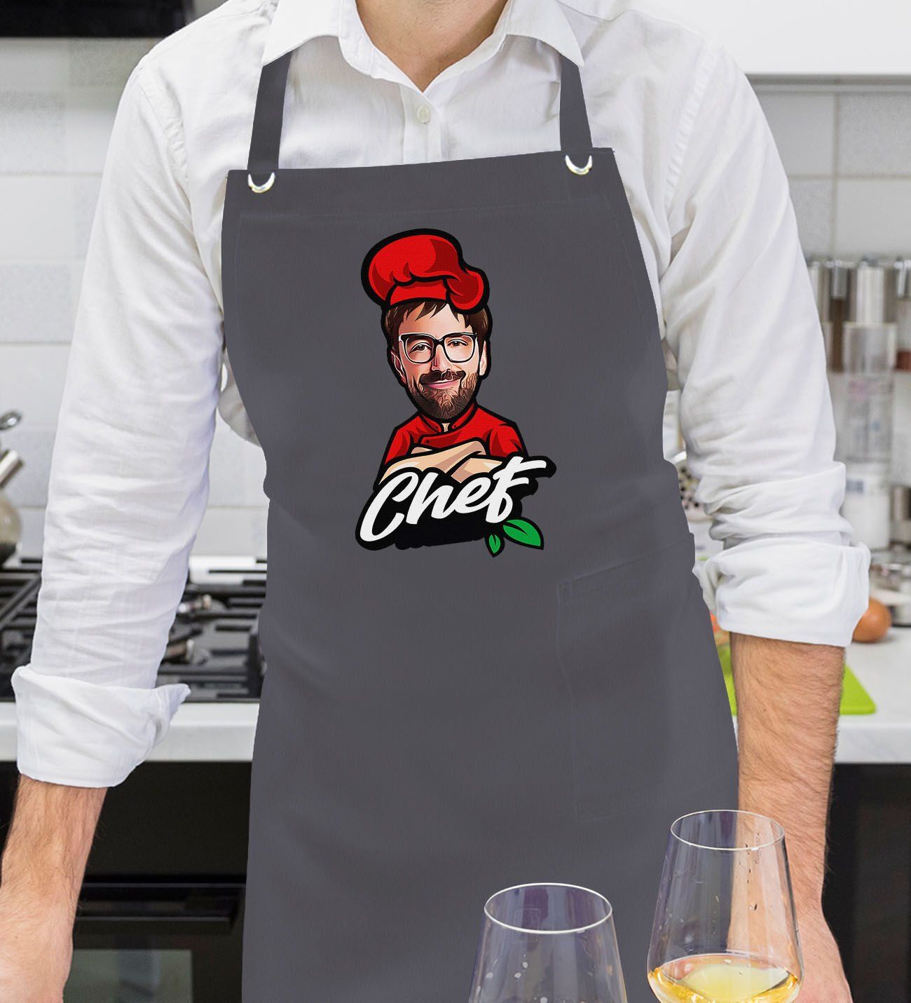 BK Gift Kişiye Özel Erkek Chef Karikatürlü Profesyonel Antrasit Mutfak Önlüğü, Aşçı Önlüğü, Şef Önlüğü, Arkadaşa Hediye-2