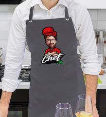 BK Gift Kişiye Özel Erkek Chef Karikatürlü Profesyonel Antrasit Mutfak Önlüğü, Aşçı Önlüğü, Şef Önlüğü, Arkadaşa Hediye-2