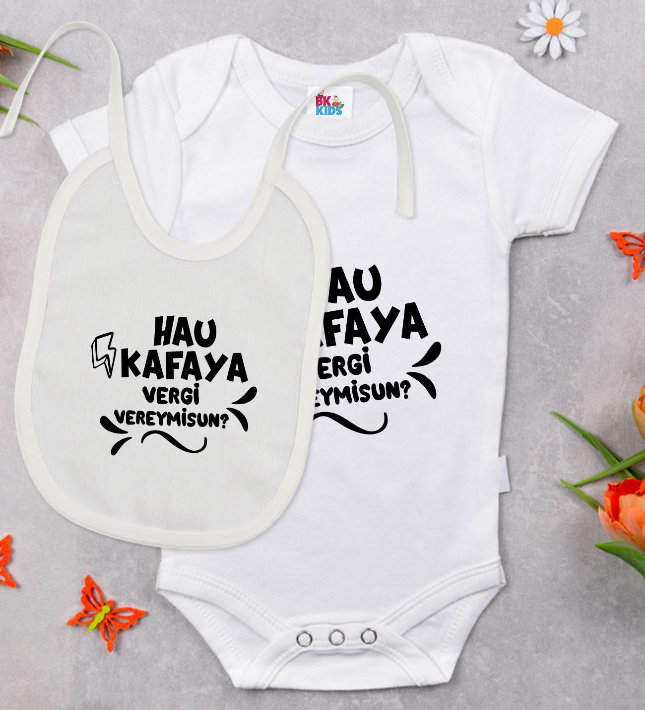 BK Kids Hau Kafaya Tasarımlı Beyaz Bebek Body Zıbın ve Mama Önlüğü Hediye Seti-1