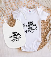 BK Kids Hau Kafaya Tasarımlı Beyaz Bebek Body Zıbın ve Mama Önlüğü Hediye Seti-1