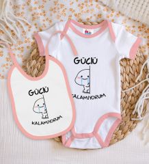 BK Kids Güçlü Kalamıyorum Tasarımlı Pembe Bebek Body Zıbın ve Mama Önlüğü Hediye Seti-1