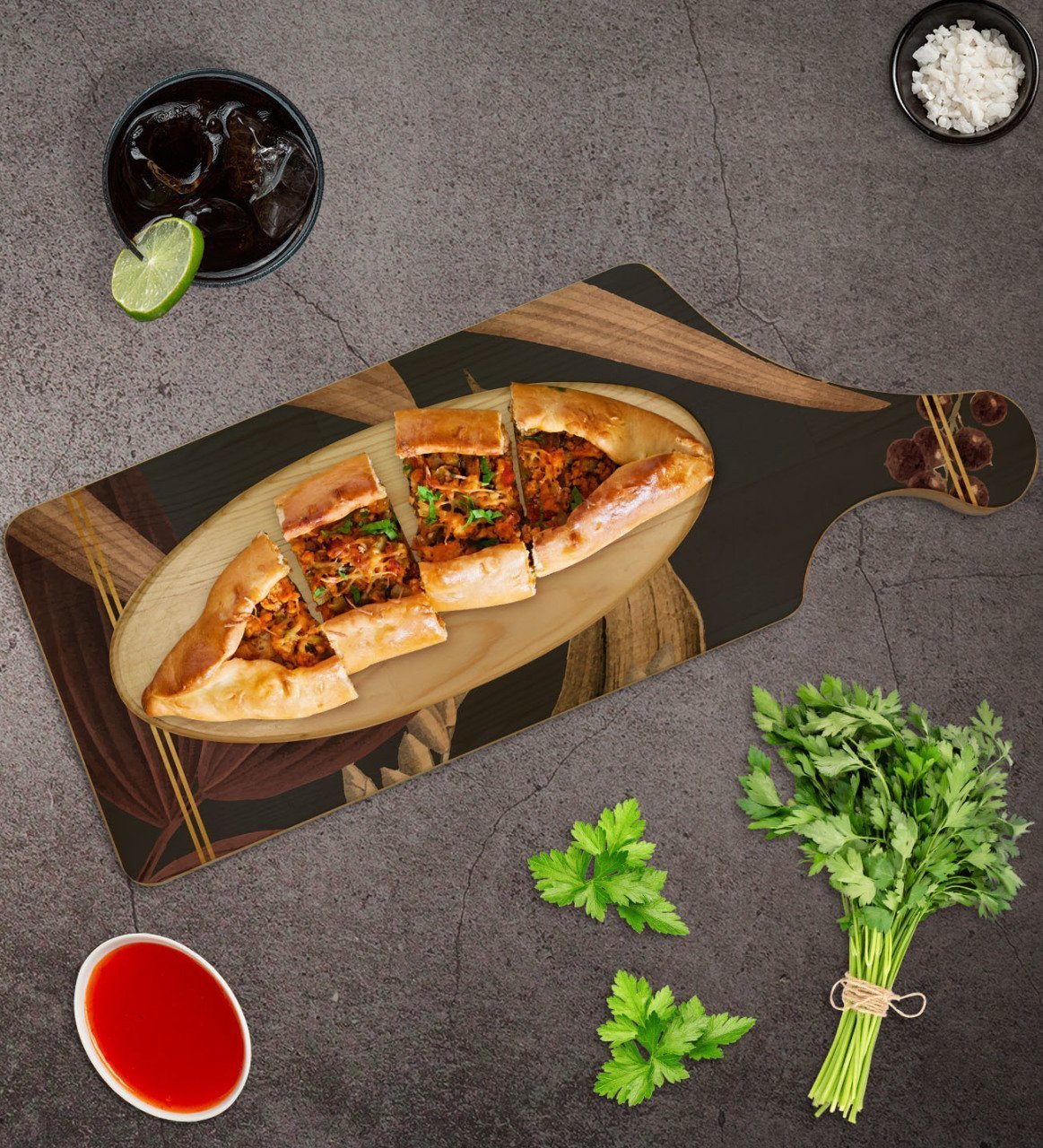 BK Gift Çiçekler Tasarımlı Dikdörtgen Şeklinde Doğal Ahşap Servis ve Sunum Tabağı Model 4