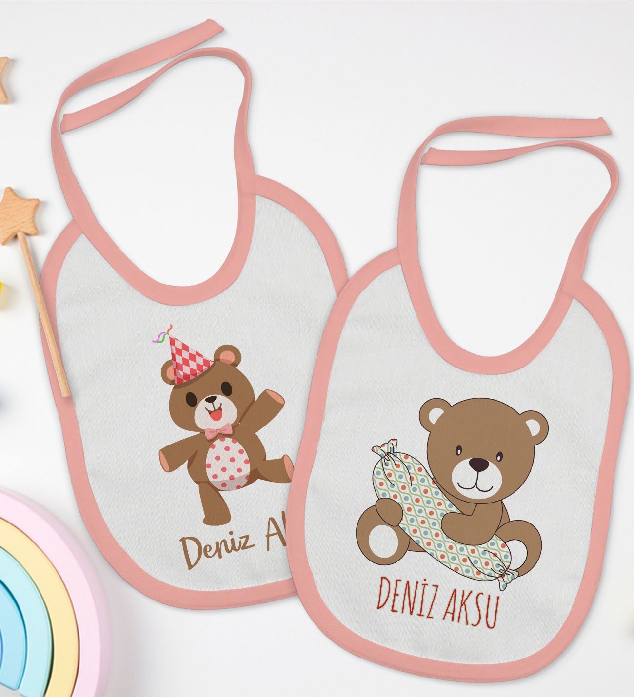 BK Kids Kişiye Özel Sevimli Ayı Tasarımlı 2’li Pembe Mama Önlüğü-1