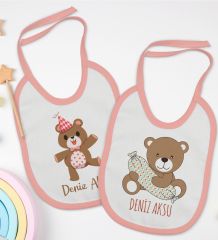 BK Kids Kişiye Özel Sevimli Ayı Tasarımlı 2’li Pembe Mama Önlüğü-1