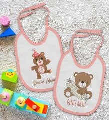 BK Kids Kişiye Özel Sevimli Ayı Tasarımlı 2’li Pembe Mama Önlüğü-1