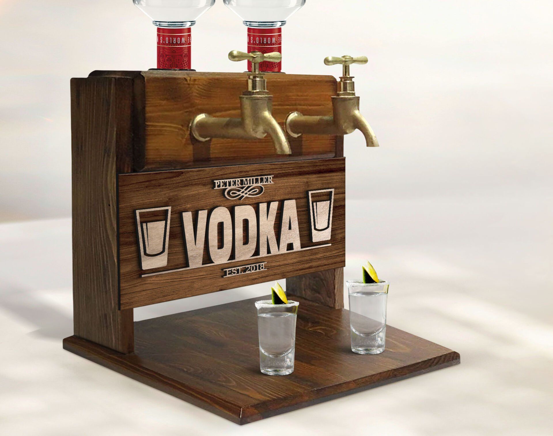 BK Gift Kişiye Özel Kabartma İsimli Çift Musluklu Doğal Ahşap Vodka Standı, İçki Standı, Doğum Günü Hediyesi, Ev Hediyesi, Erkek Hediye-5