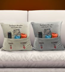 BK Gift Eğlenceli Tasarımlı 2'li Organizer Kumanda ve Atıştırmalık Cepli Krem&Gri Kırlent Yastık- 10, Ev Dekoru, Ev Hediyesi