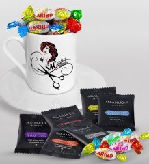Kişiye Özel Saç Stilisti Türk Kahvesi Fincanı Selamlique Karışık Türk Kahvesi ve Haribo Şeker Hediye Seti-4