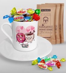 Kişiye Özel Sevgililer Günü Türk Kahvesi Fincanı Mehmet Efendi Kahve ve Haribo Şeker Hediye Seti-131