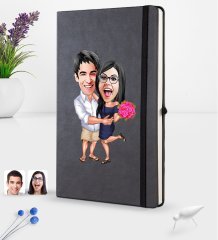 Kişiye Özel Sevgililer Karikatürlü Siyah Termo Deri Defter 16x24cm Model 108