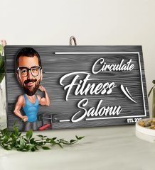BK Gift Kişiye Özel Fitness Salonu Karikatürlü Gri Dekoratif Ahşap Tabela