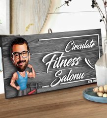 BK Gift Kişiye Özel Fitness Salonu Karikatürlü Gri Dekoratif Ahşap Tabela