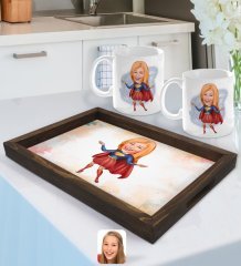 Kişiye Özel Süper Girl Karikatürlü Doğal Ahşap Tepsi ve 2’li Kupa Bardak Seti-1