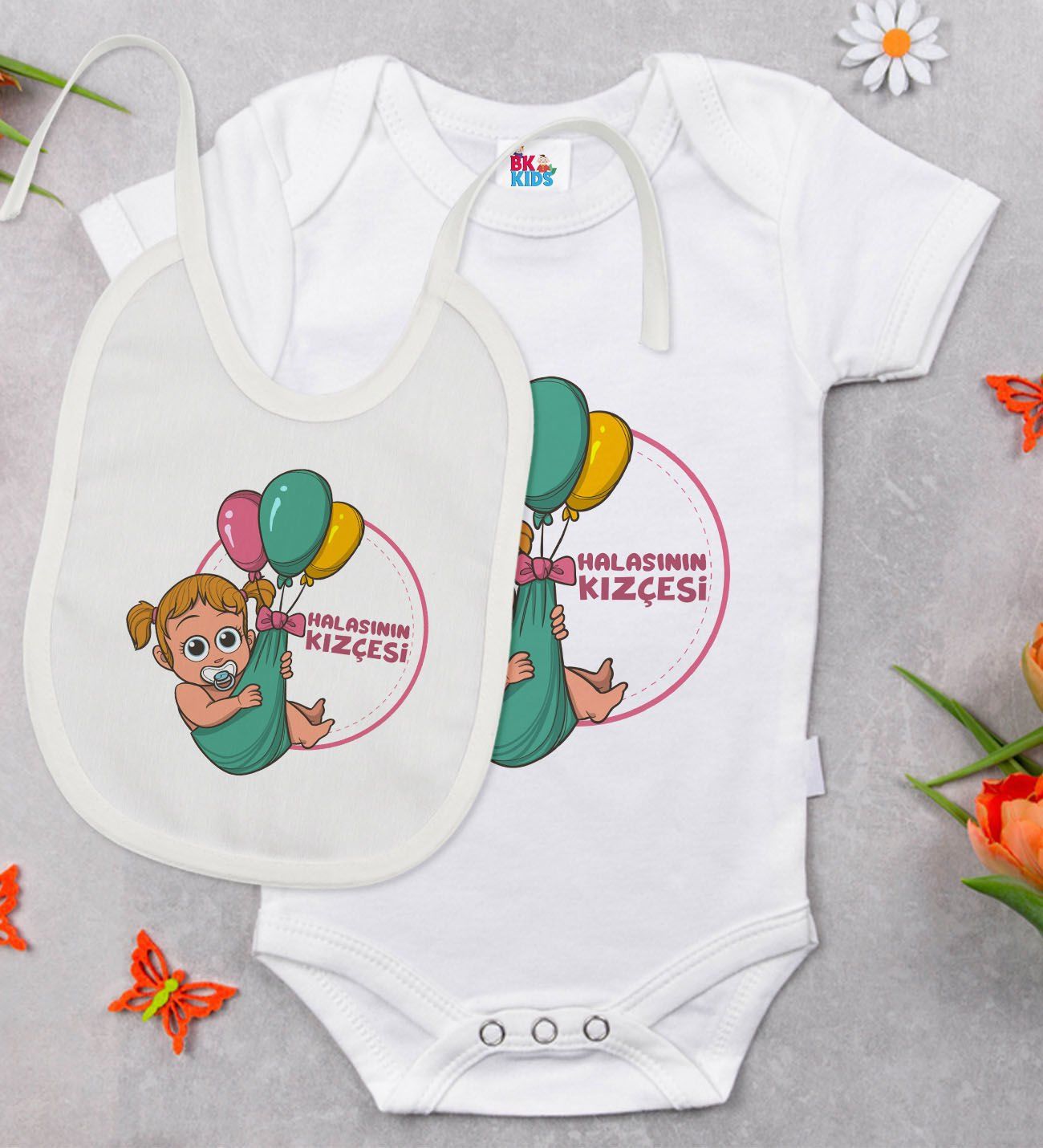 BK Kids Halasının Kızçesi Tasarımlı Beyaz Bebek Body Zıbın ve Mama Önlüğü Hediye Seti-1