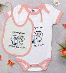 BK Kids Gözüme Toz Kaçtı Tasarımlı Pembe Bebek Body Zıbın ve Mama Önlüğü Hediye Seti-1