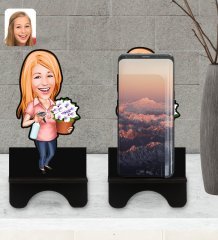 Kişiye Özel Ev Hanımı Karikatürlü Ahşap Biblo Telefon Standı-2