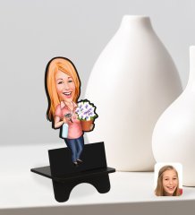 Kişiye Özel Ev Hanımı Karikatürlü Ahşap Biblo Telefon Standı-2
