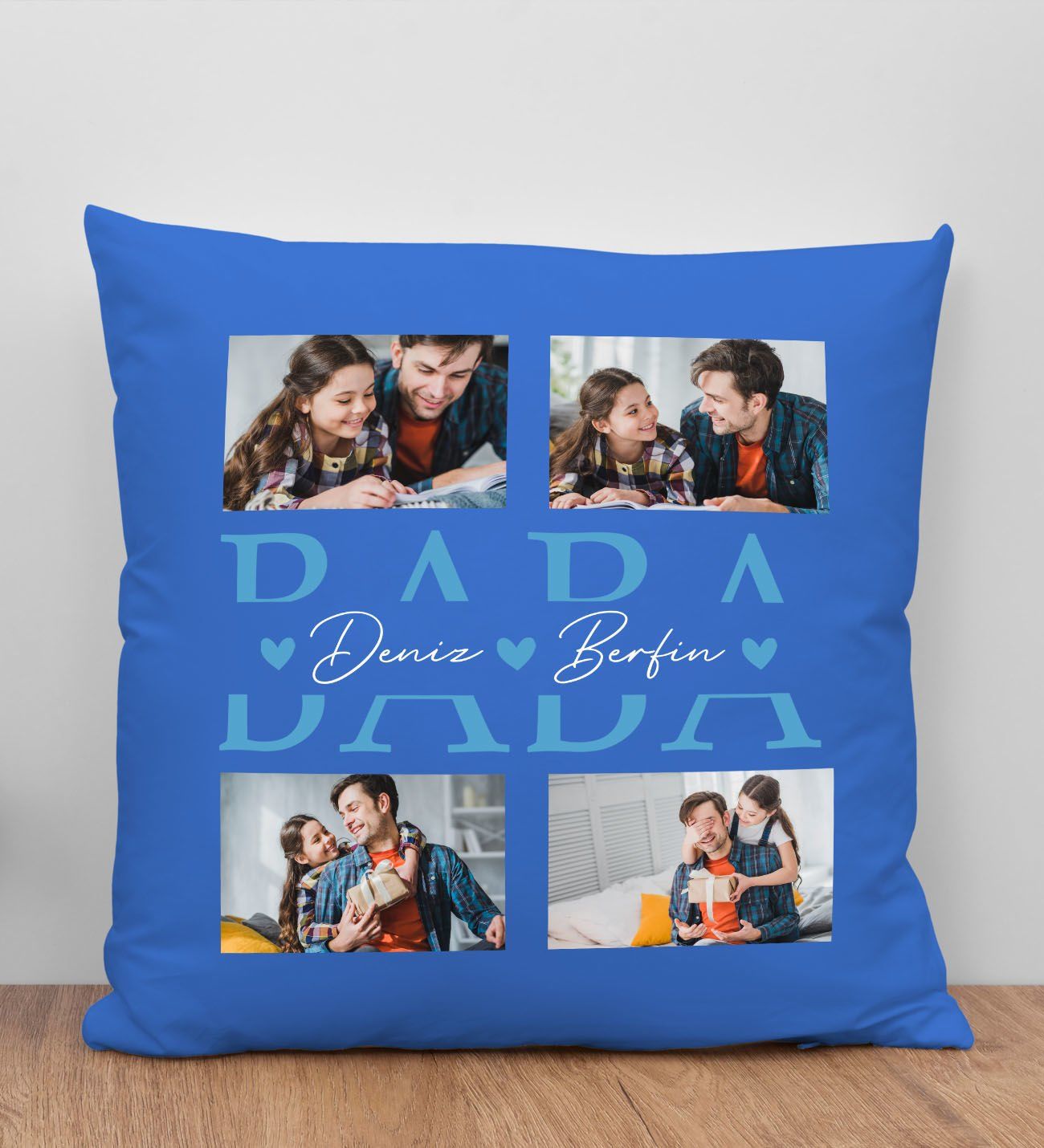 BK Gift Kişiye Özel Fotoğraflı Babalar Günü Tasarımlı Mavi Kırlent Yastık-3 Babaya Hediye, Ev Dekorasyonu, Babalar Günü Hediyesi