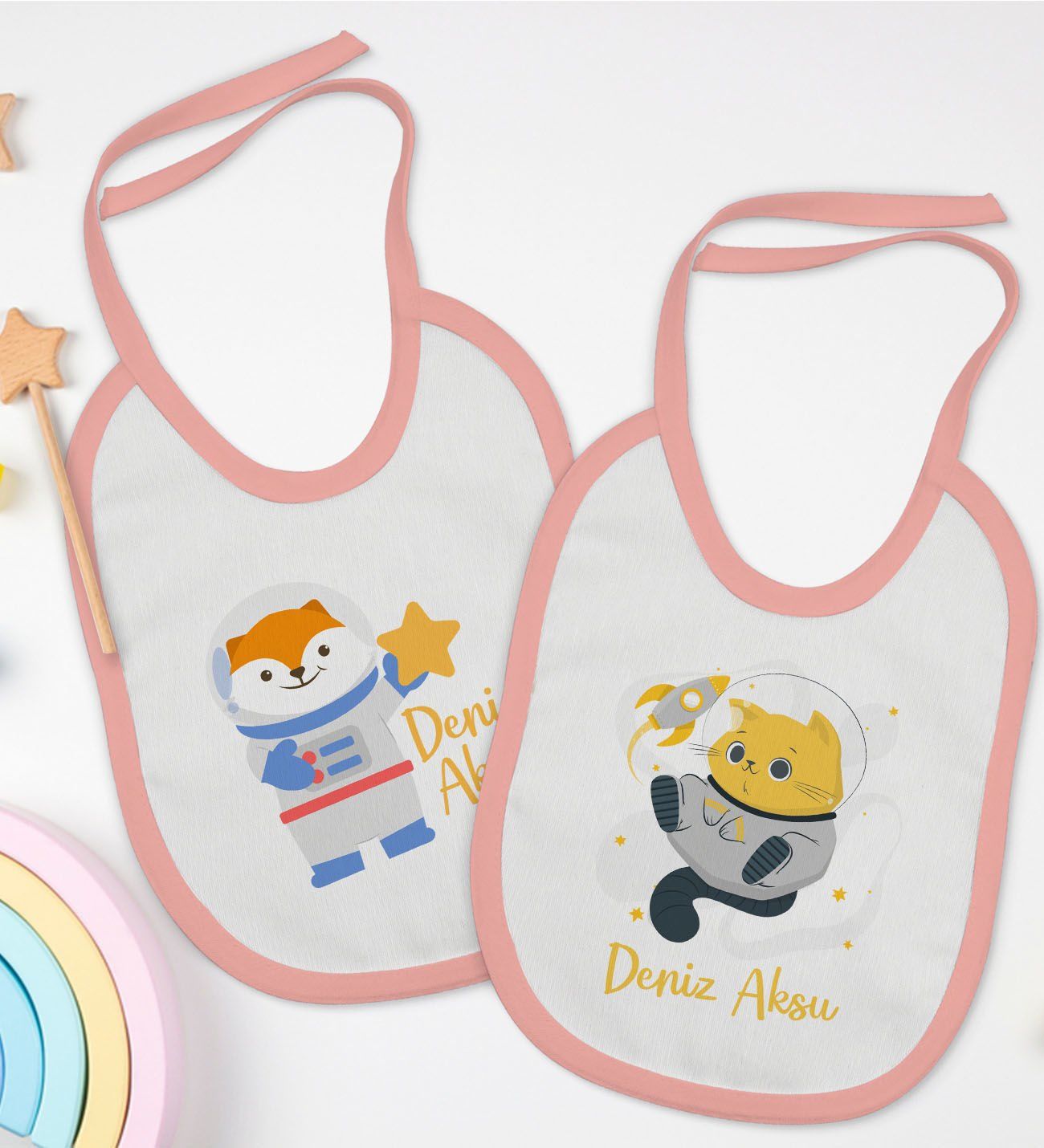 BK Kids Kişiye Özel Sevimli Astronot Tasarımlı 2’li Pembe Mama Önlüğü-1