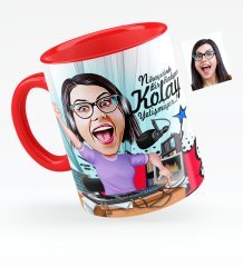 Kişiye Özel Bayan Radyocu Karikatürlü Kırmızı Kupa Bardak - 1