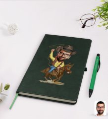 Kişiye Özel Kovboy Karikatürlü Yeşil Termo Deri Defter Kalem Seti Model 2