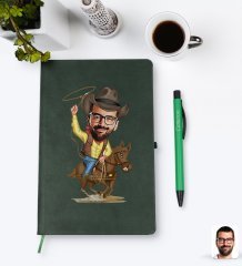 Kişiye Özel Kovboy Karikatürlü Yeşil Termo Deri Defter Kalem Seti Model 2