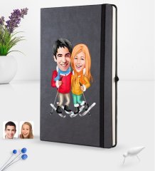 Kişiye Özel Sevgililer Karikatürlü Siyah Termo Deri Defter 16x24cm Model 107