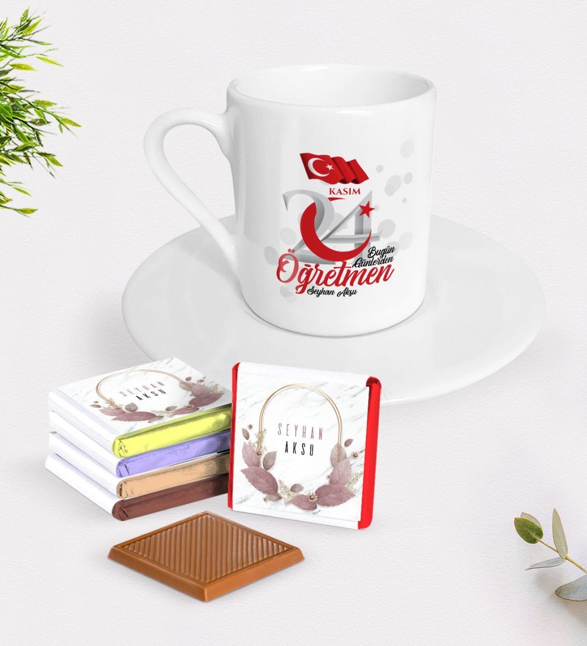 Kişiye Özel Bugün Günlerden Öğretmen Türk Kahvesi Fincanı ve Çikolata Hediye Seti-2
