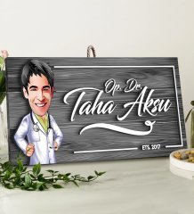 BK Gift Kişiye Özel Doktor Karikatürlü Gri Dekoratif Ahşap Tabela-2