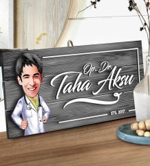 BK Gift Kişiye Özel Doktor Karikatürlü Gri Dekoratif Ahşap Tabela-2