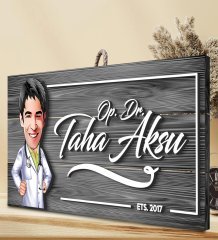 BK Gift Kişiye Özel Doktor Karikatürlü Gri Dekoratif Ahşap Tabela-2