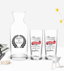 Kişiye Özel Renkli Baskılı Karşılıklı Rakı Tasarımlı İkili Rakı Bardağı ve Karaf Hediye Seti-1