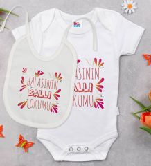 BK Kids Halasının Ballı Lokumu Tasarımlı Beyaz Bebek Body Zıbın ve Mama Önlüğü Hediye Seti-1