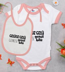 BK Kids Gelüse Gelü Tasarımlı Pembe Bebek Body Zıbın ve Mama Önlüğü Hediye Seti-1